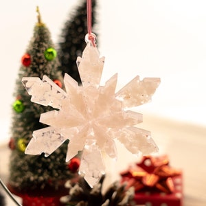 Rose Quartz Crystal Snowflake Holiday Ornament Hanging Decoration | Handcrafted From Real Gems and Resin