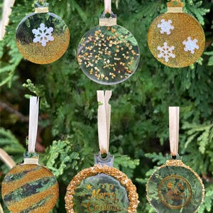 Handmade Gold Glitter Resin Christmas Ornaments - Snowflake Baubles, Set of 6 or 12