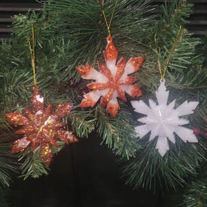 Stunning Fire Opal and White Snowflake Resin Christmas Ornaments, Handmade - Great for decorating or giving as gifts